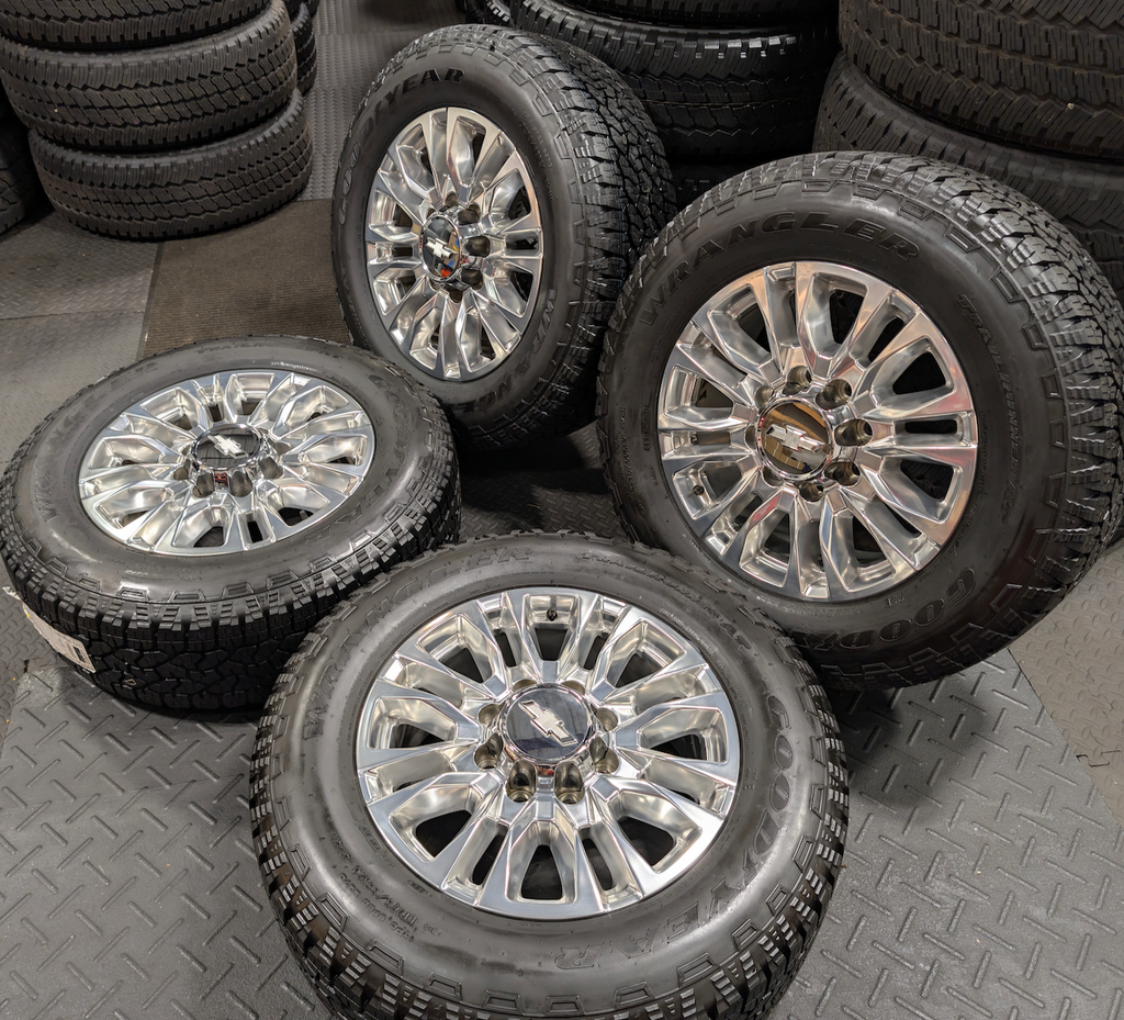 Polished Chevrolet Silverado 2500HD / 3500HD LTZ / High Country OEM 20” Wrapped in Goodyear Wrangler TrailRunner A/T LT275/65R20