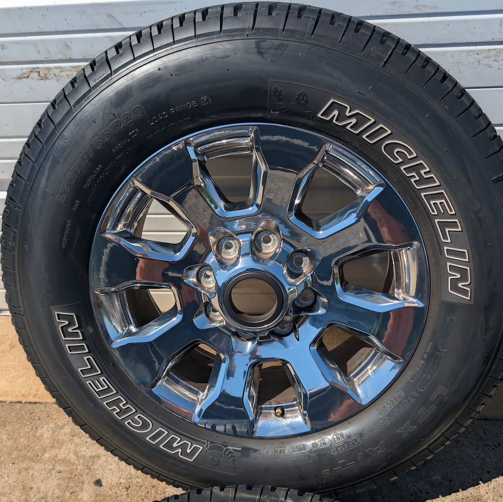 OEM 20” Chrome Ford F-250 King Ranch Wheels wrapped in Michelin LTX A/T2 tires.