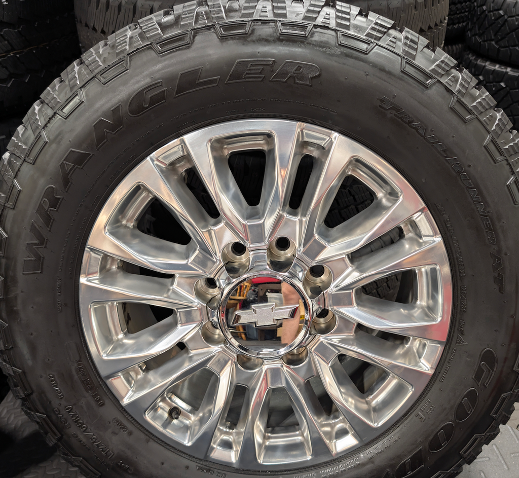 Polished Chevrolet Silverado 2500HD / 3500HD LTZ / High Country OEM 20” Wrapped in Goodyear Wrangler TrailRunner A/T LT275/65R20