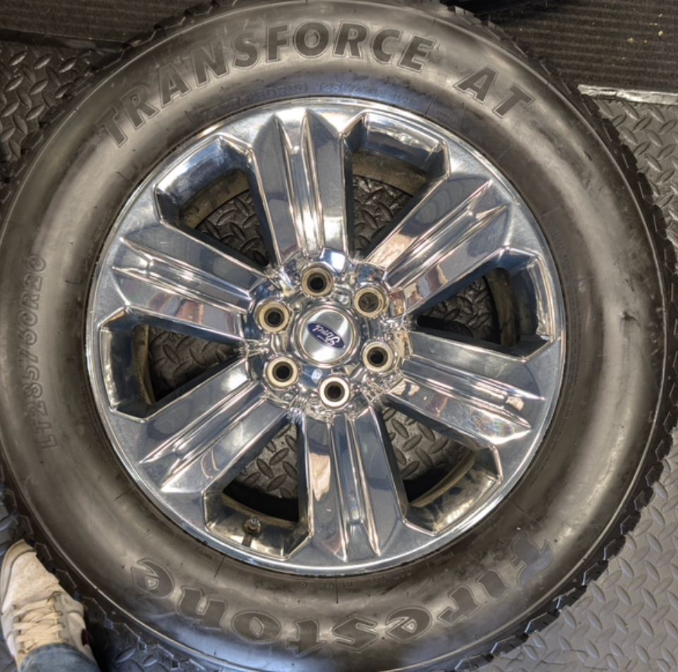 Chrome Ford F-150 OEM 20” Wrapped in Firestone Transforce A/T LT285/60R20