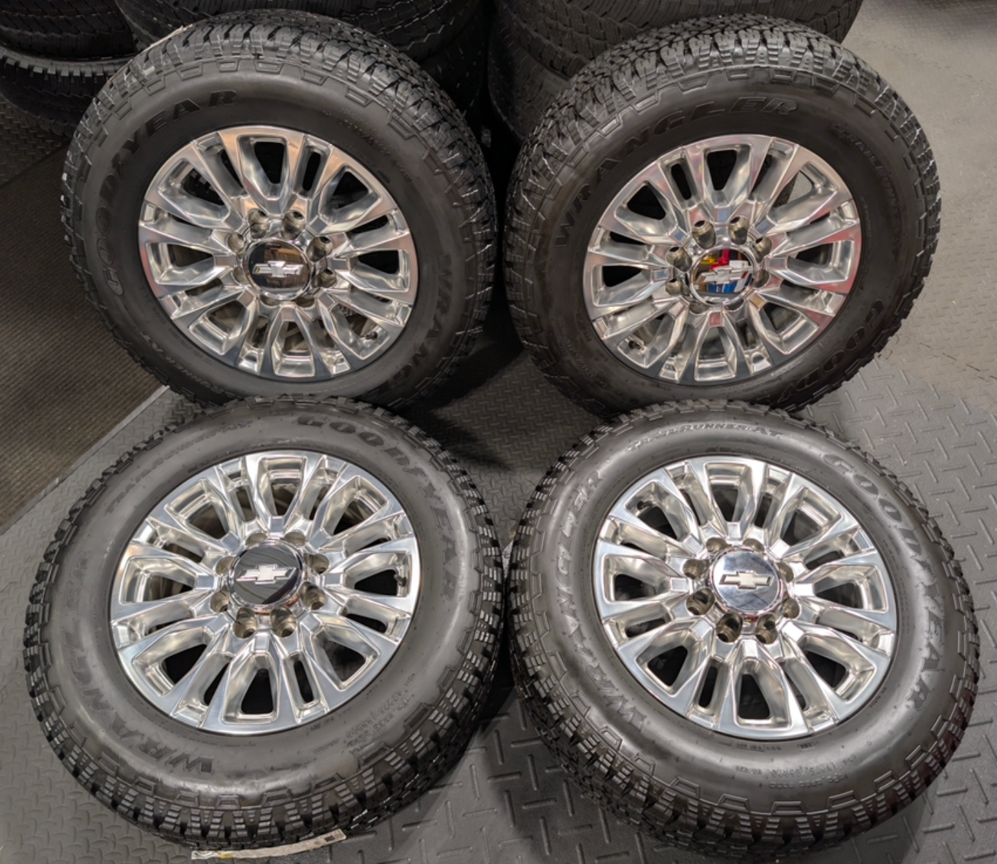 Polished Chevrolet Silverado 2500HD / 3500HD LTZ / High Country OEM 20” Wrapped in Goodyear Wrangler TrailRunner A/T LT275/65R20