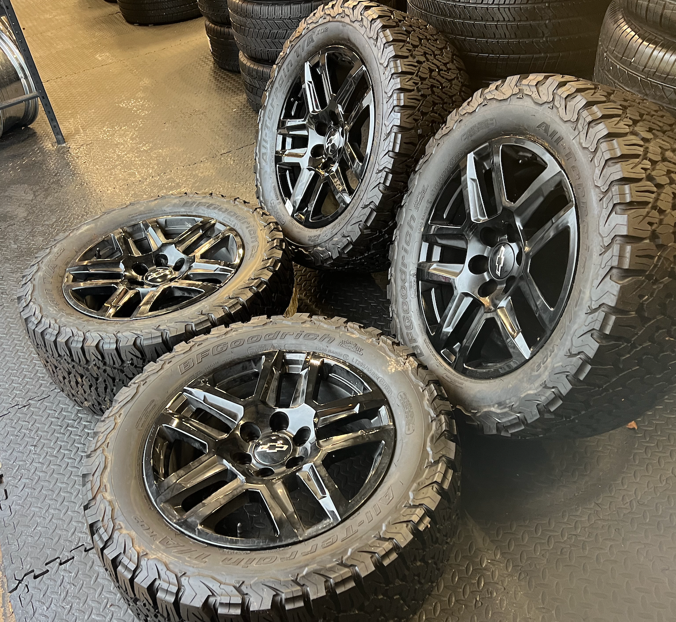 OEM 20” Gloss Black Trail Boss Wheels wrapped in BFGoodrich All-Terrain T/A tires.