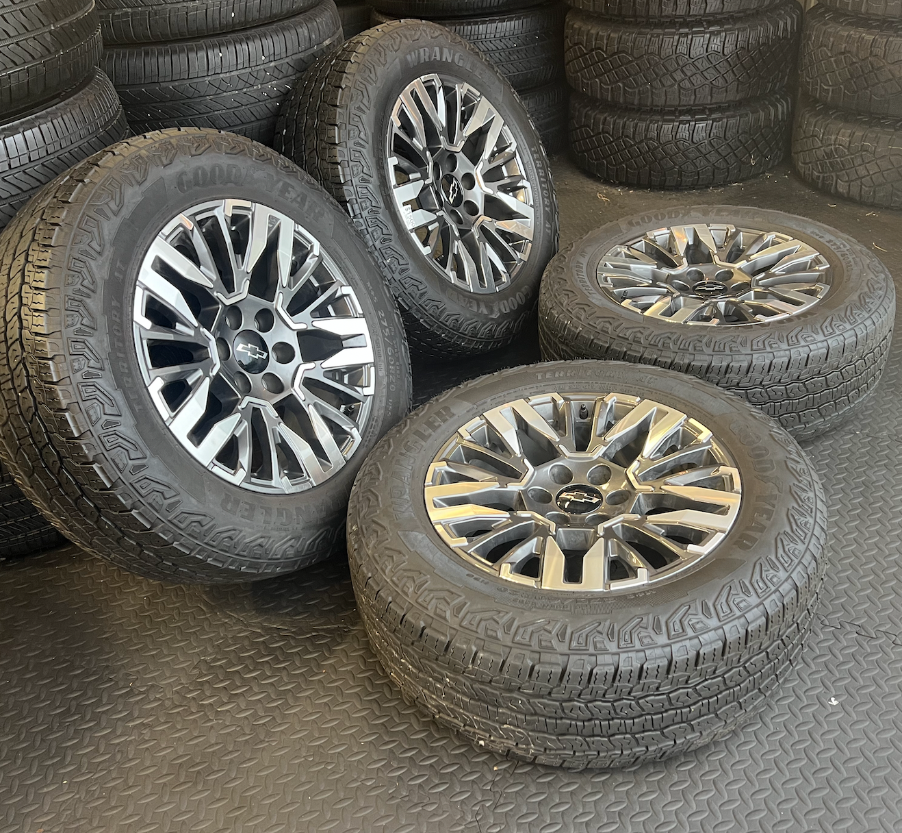 OEM 20” Machined Wheels wrapped in Goodyear Wrangler Territory M/T tires.