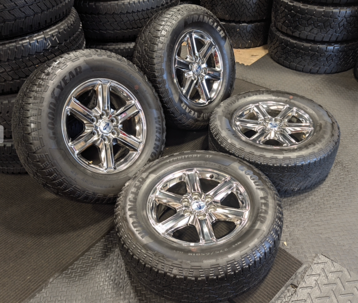 Chrome Ford F-150 OEM 18” Wrapped in Goodyear Wrangler Territory A/T 275/65R18