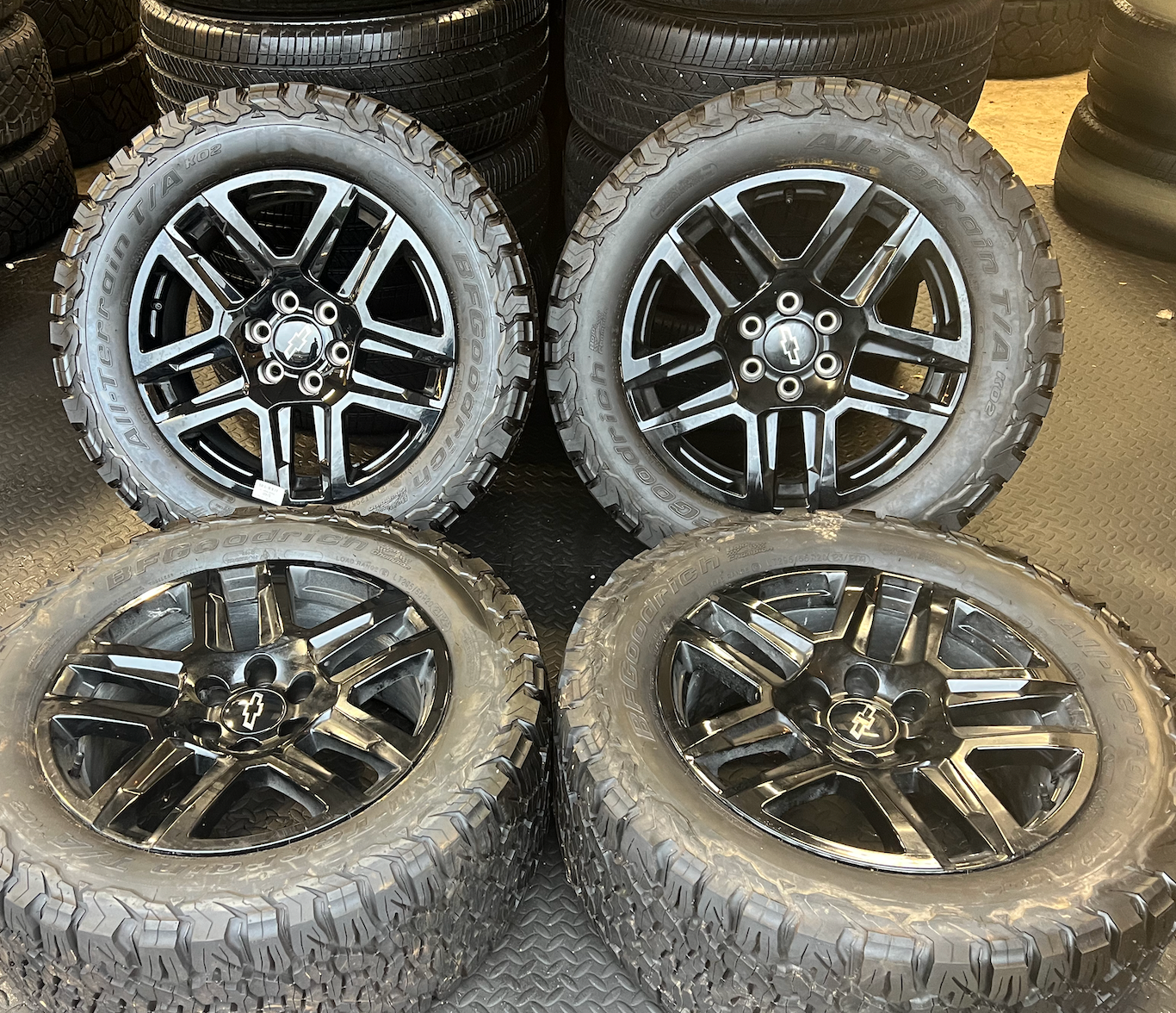OEM 20” Gloss Black Trail Boss Wheels wrapped in BFGoodrich All-Terrain T/A tires.