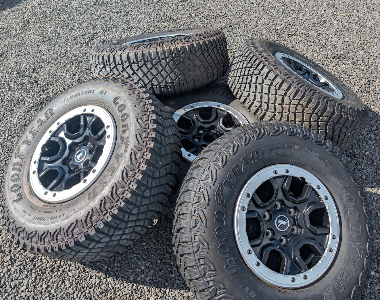 Machined Ford Bronco Sasquatch OEM 17” Wrapped in Goodyear Wrangler Territory M/T LT315/70R17