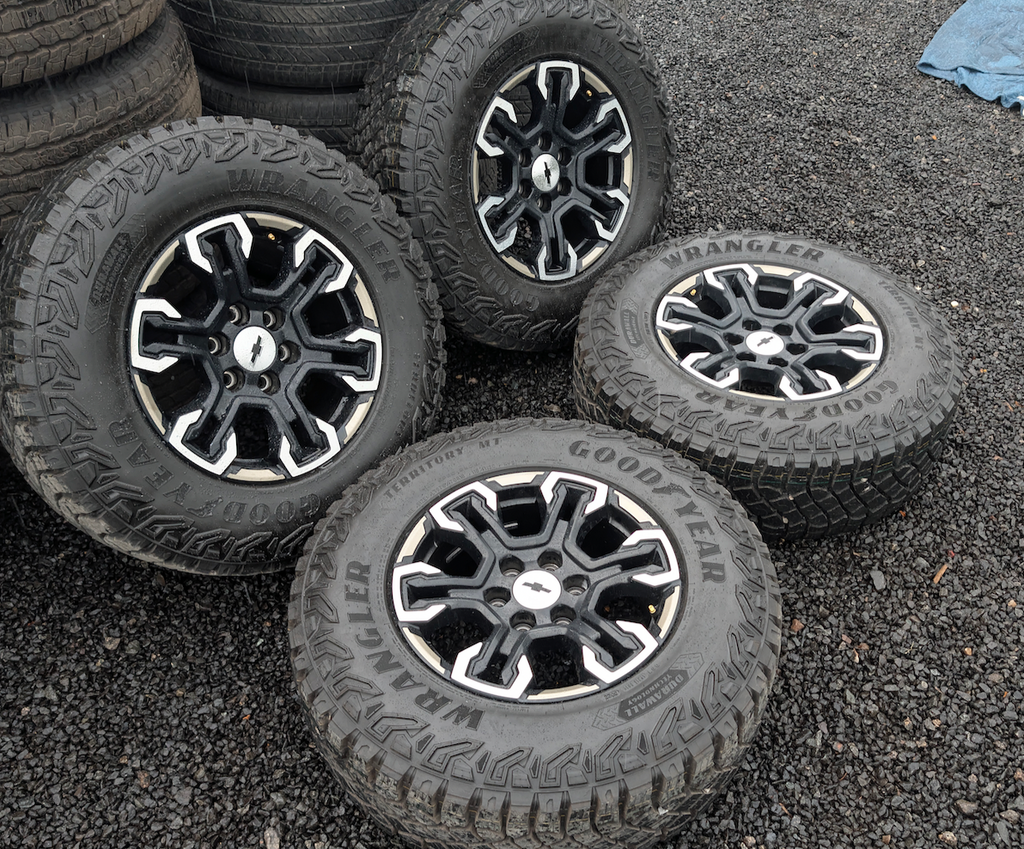 Machined Chevrolet Silverado 1500 ZR2 OEM 18” Wrapped in Goodyear Wrangler Territory M/T LT275/70R18