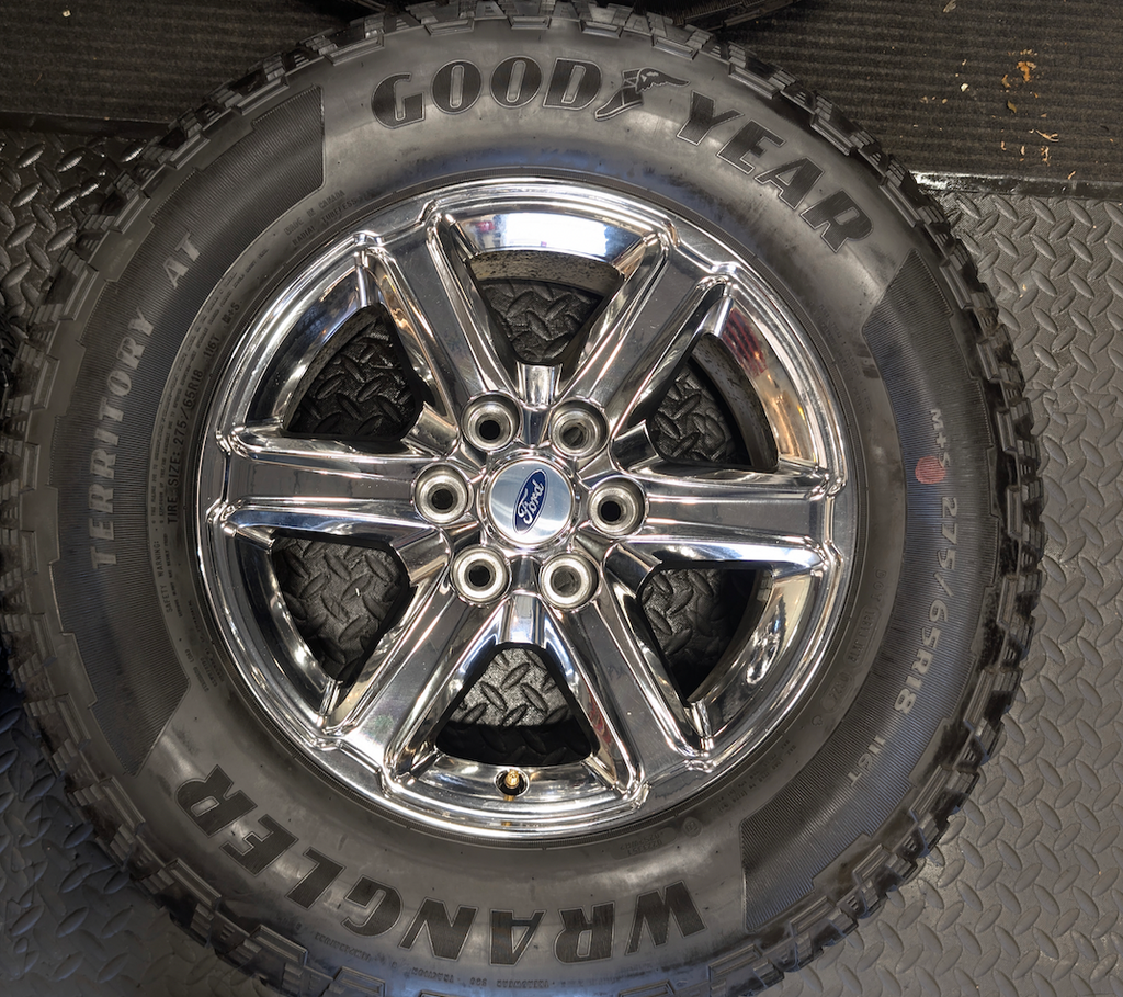 Chrome Ford F-150 OEM 18” Wrapped in Goodyear Wrangler Territory A/T 275/65R18