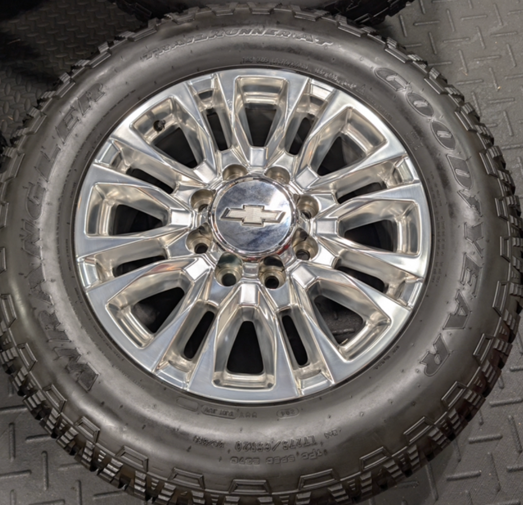 Polished Chevrolet Silverado 2500HD / 3500HD LTZ / High Country OEM 20” Wrapped in Goodyear Wrangler TrailRunner A/T LT275/65R20