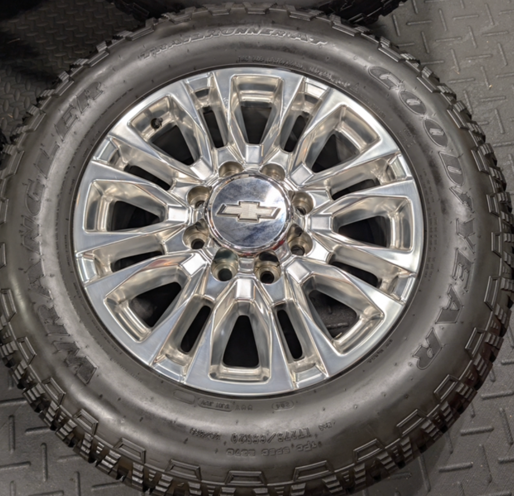 Polished Chevrolet Silverado 2500HD / 3500HD LTZ / High Country OEM 20” Wrapped in Goodyear Wrangler TrailRunner A/T LT275/65R20