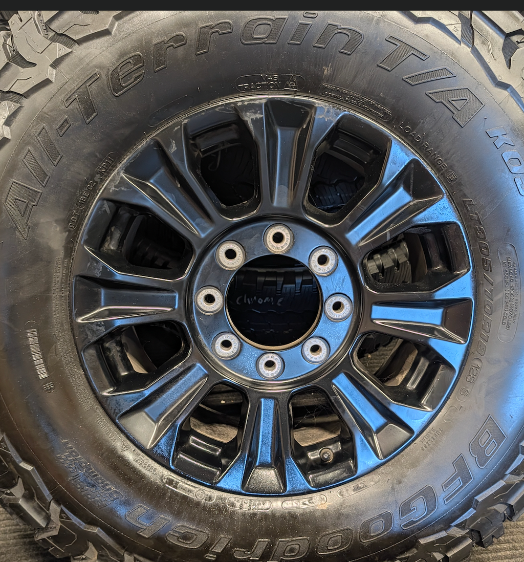 OEM 18” Ford F-250 / F-350 Tremor Wheels with Gloss Black Finish wrapped in BFGoodrich All-Terrain T/A KO3 tires.