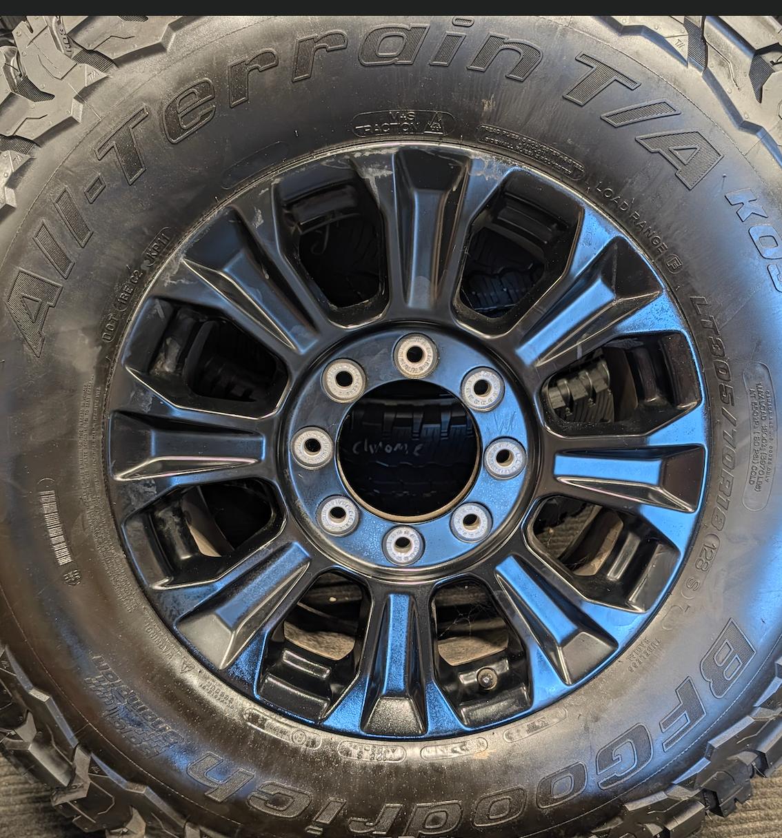 OEM 18” Ford F-250 / F-350 Tremor Wheels with Gloss Black Finish wrapped in BFGoodrich All-Terrain T/A KO3 tires.