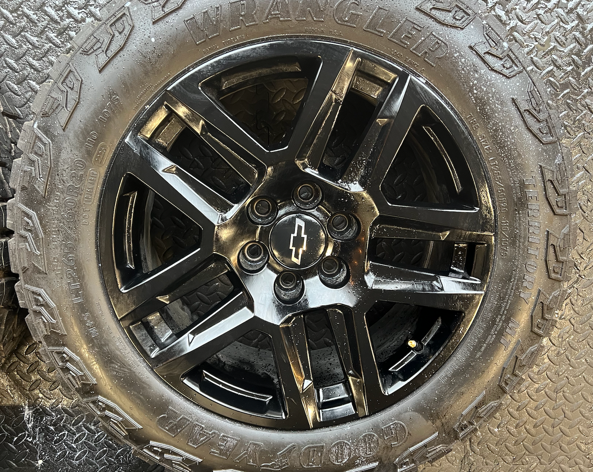 Gloss Black Chevrolet Silverado 1500 Trail Boss OEM 20” Wrapped in Goodyear Wrangler Territory M/T 265/60R20