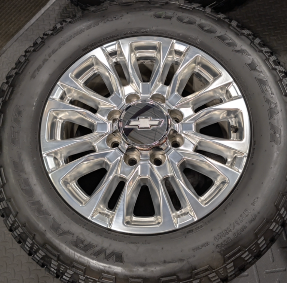 Polished Chevrolet Silverado 2500HD / 3500HD LTZ / High Country OEM 20” Wrapped in Goodyear Wrangler TrailRunner A/T LT275/65R20