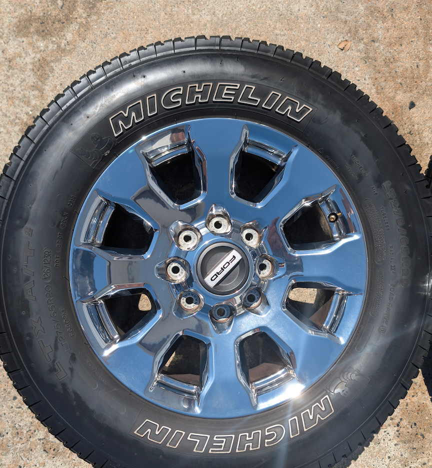 OEM 20” Chrome Ford F-250 King Ranch Wheels wrapped in Michelin LTX A/T2 tires.
