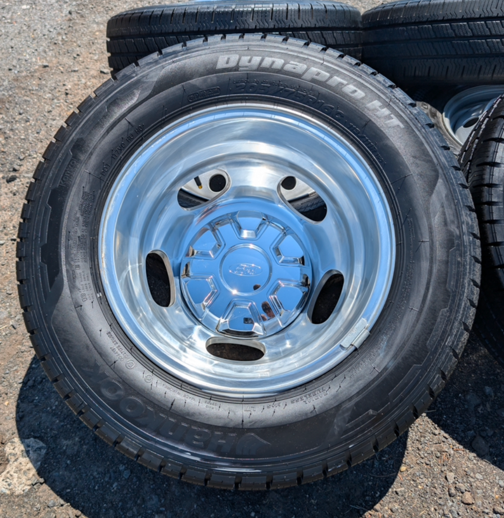 OEM 16” Polished Ford Transit Dual Rear Wheel (Dually) Wheels wrapped in 205/75R16 Hankook Dynapro HT tires.