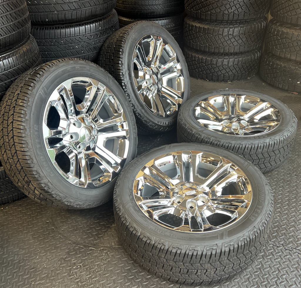 OEM 22” Split 6 Chrome  Wheels wrapped in Goodyear Wrangler Workhorse HT tires.