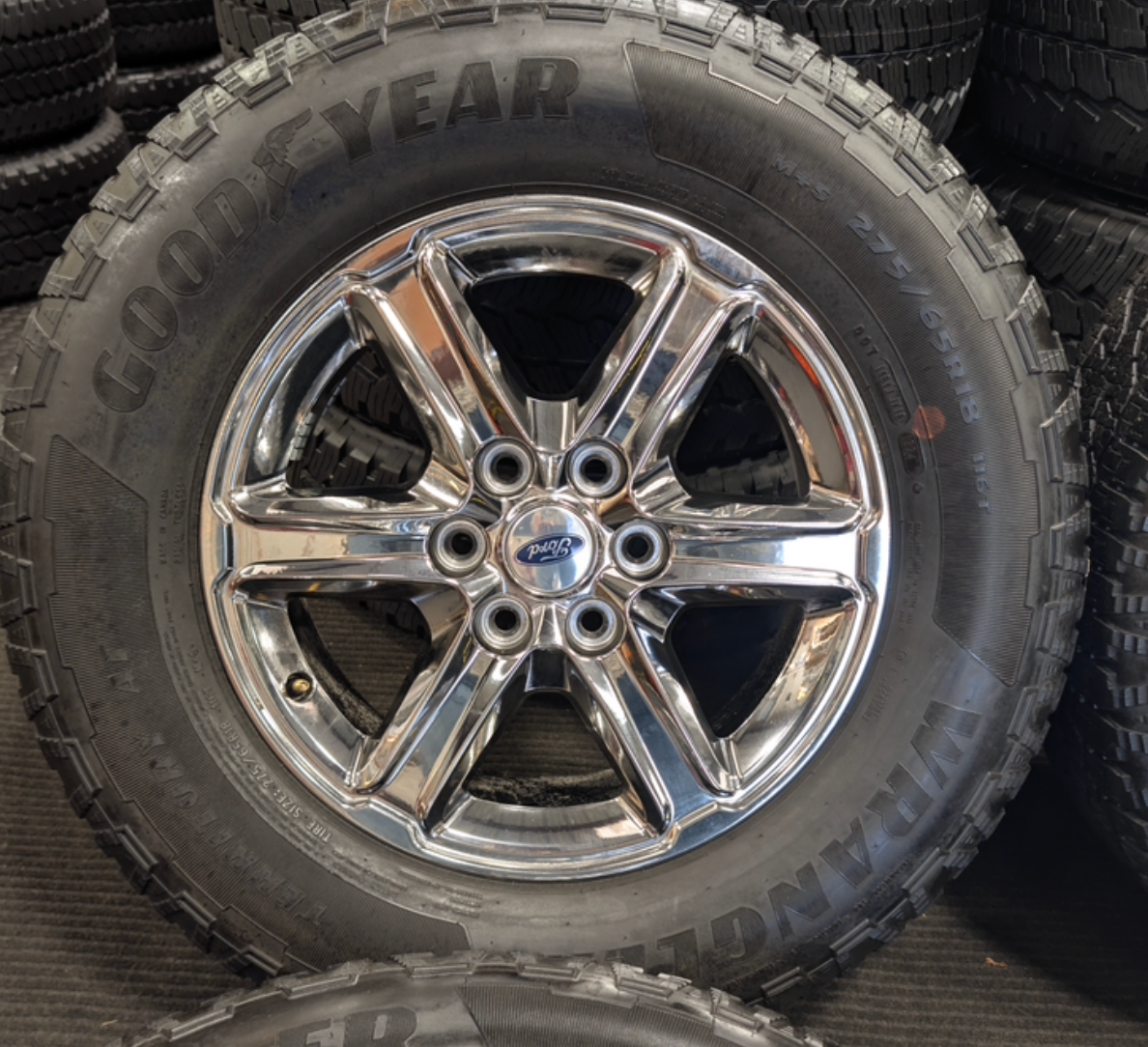 Chrome Ford F-150 OEM 18” Wrapped in Goodyear Wrangler Territory A/T 275/65R18