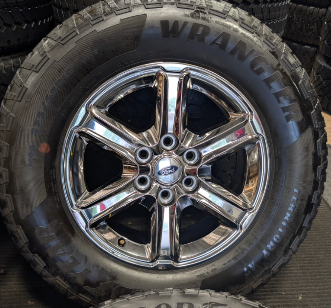Chrome Ford F-150 OEM 18” Wrapped in Goodyear Wrangler Territory A/T 275/65R18