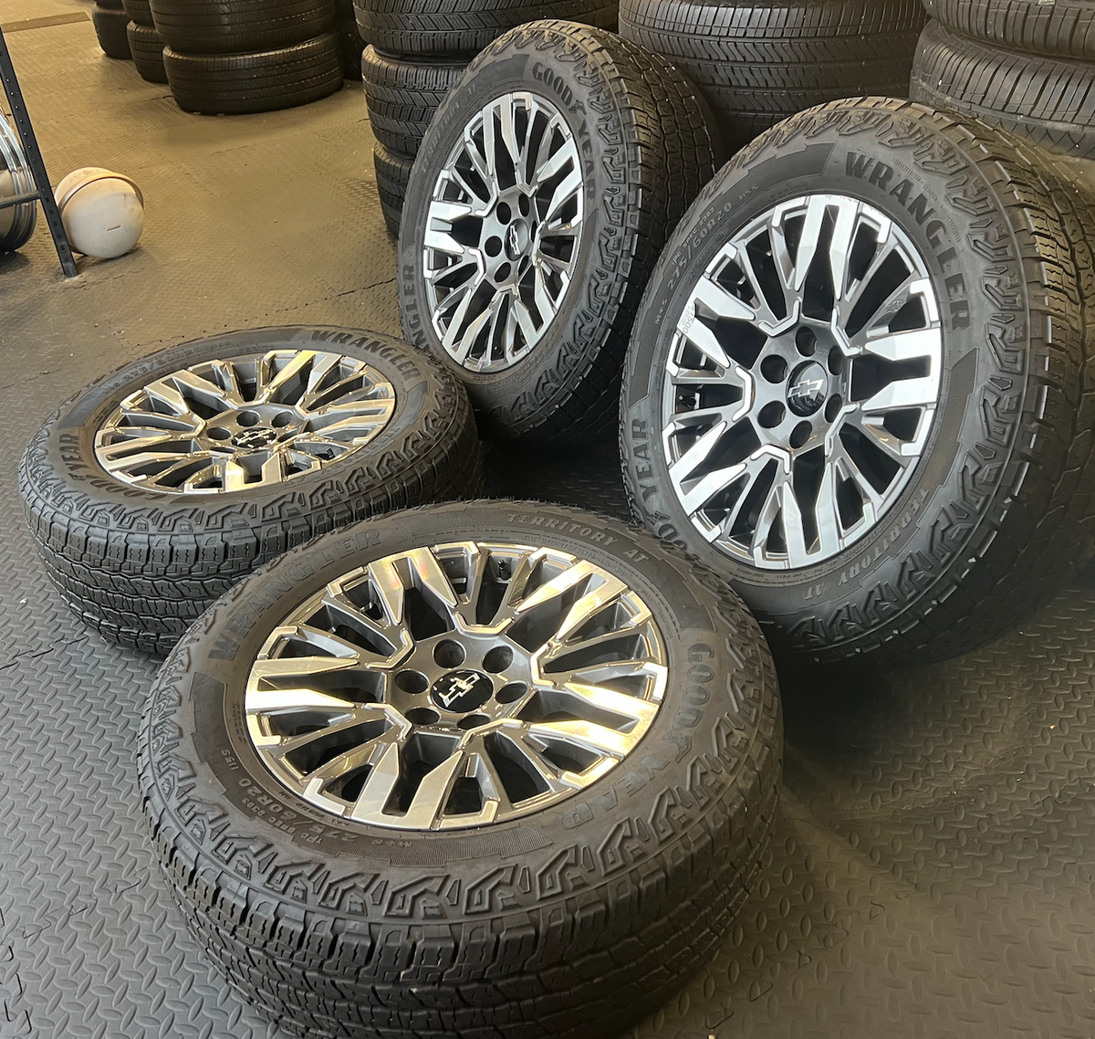 Machined Chevrolet Silverado 1500 LT Z71 OEM 20” Wrapped in Goodyear Wrangler Territory M/T 275/60R20