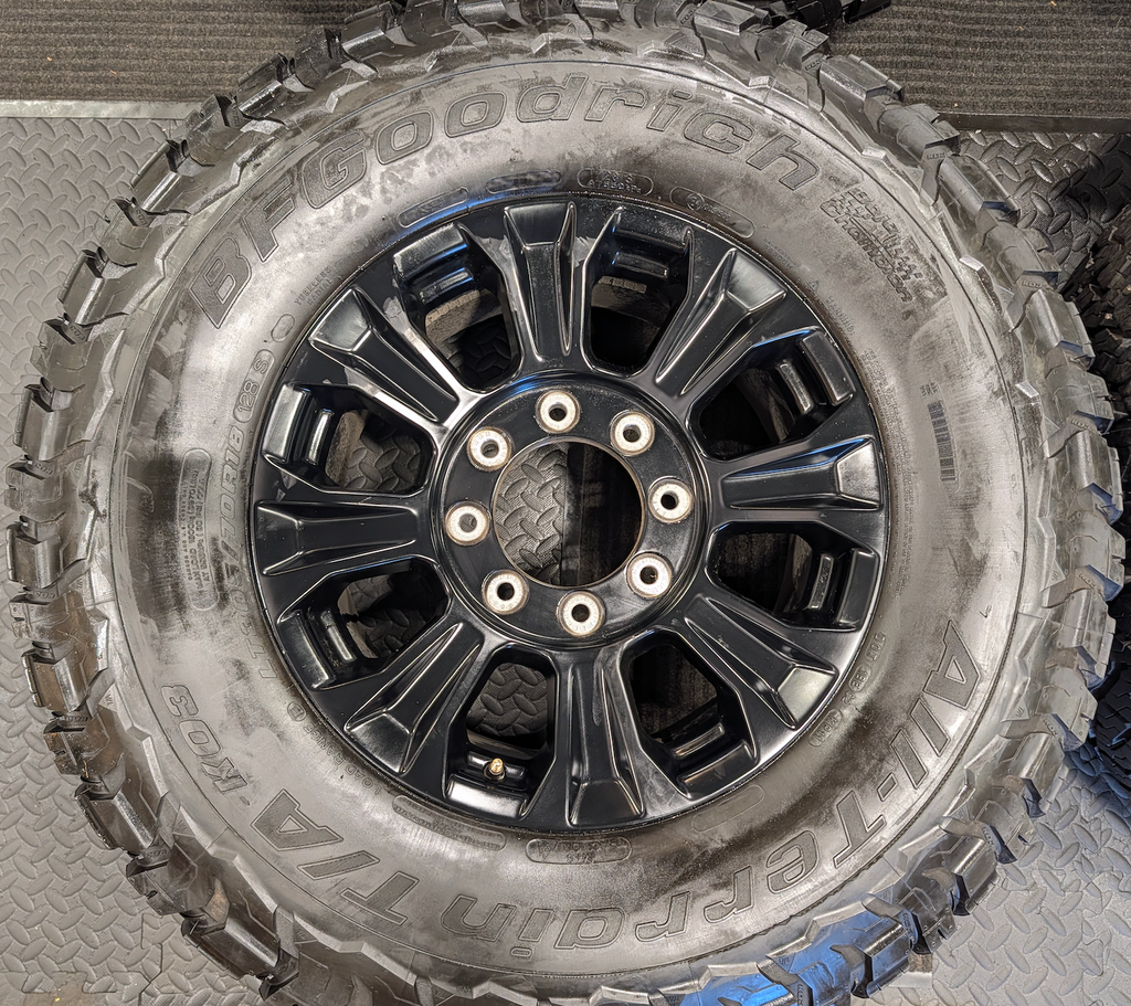 OEM 18” Ford F-250 / F-350 Tremor Wheels with Gloss Black Finish wrapped in BFGoodrich All-Terrain T/A KO3 tires.